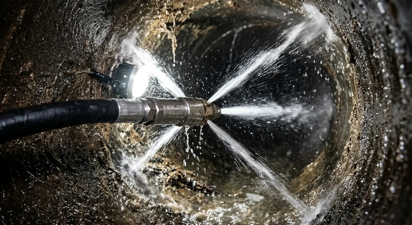 High-pressure hydro jetting nozzle cleaning sewer pipe for Sewer Line Relining in Englewood